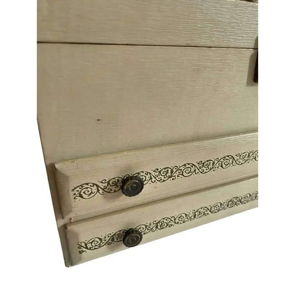 Vintage Cream Jewelry Box Red Velvet Lining 4 Tier Mirrored